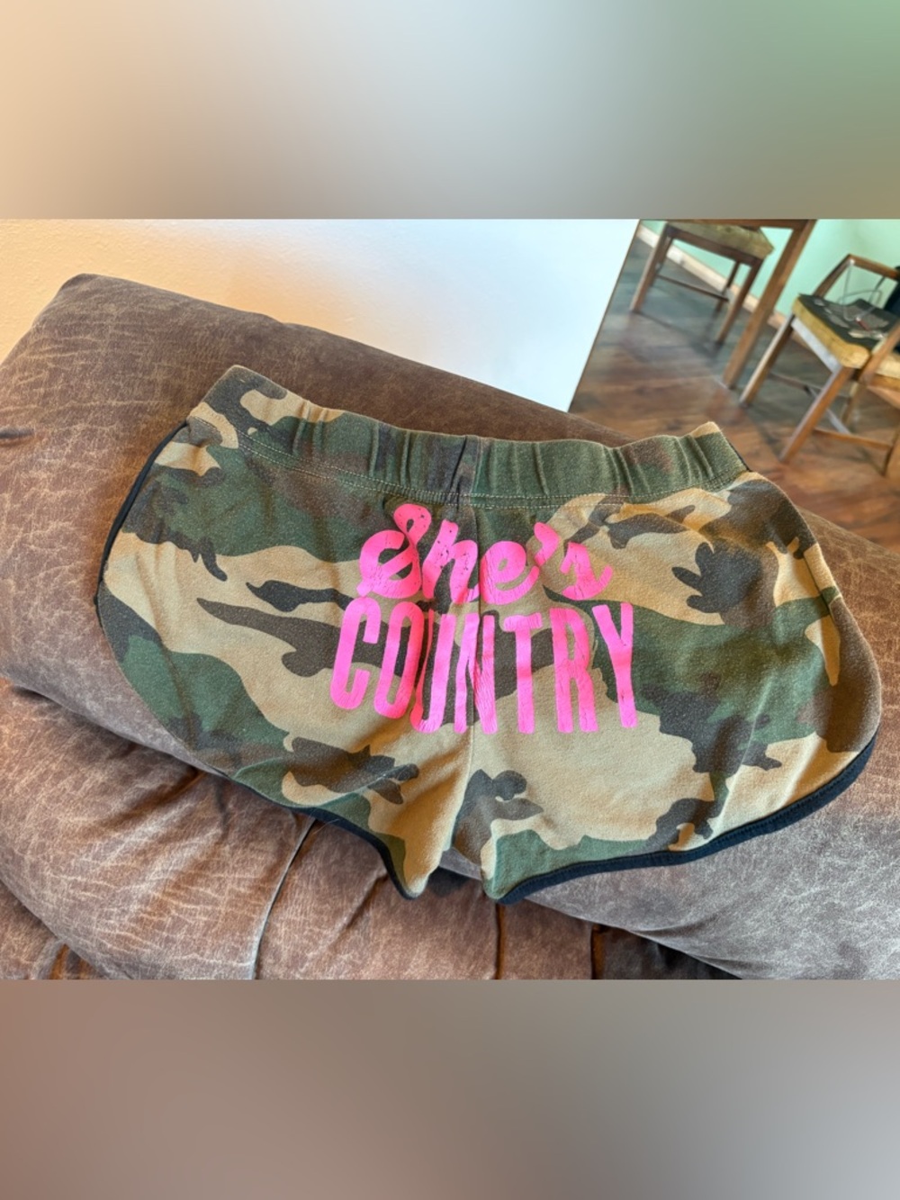 Jason Aldean Women's Camo Athletic Shorts with Pink 'She's Country' Graphic